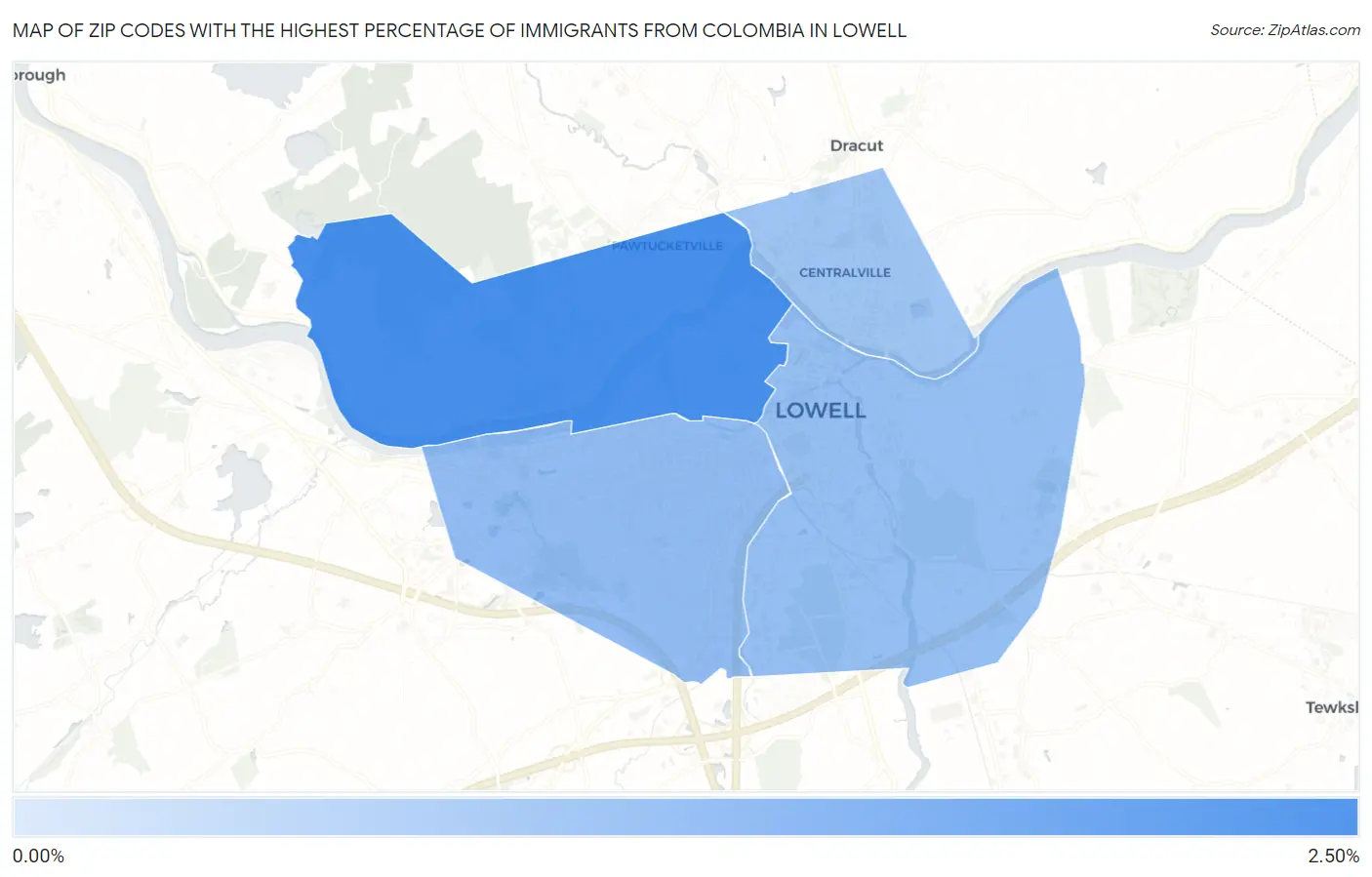 Zip Codes with the Highest Percentage of Immigrants from Colombia in Lowell Map