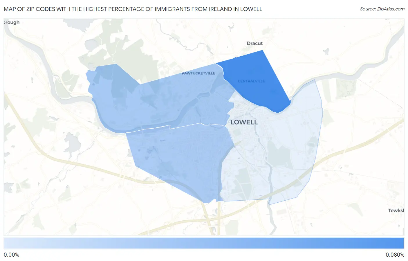 Zip Codes with the Highest Percentage of Immigrants from Ireland in Lowell Map