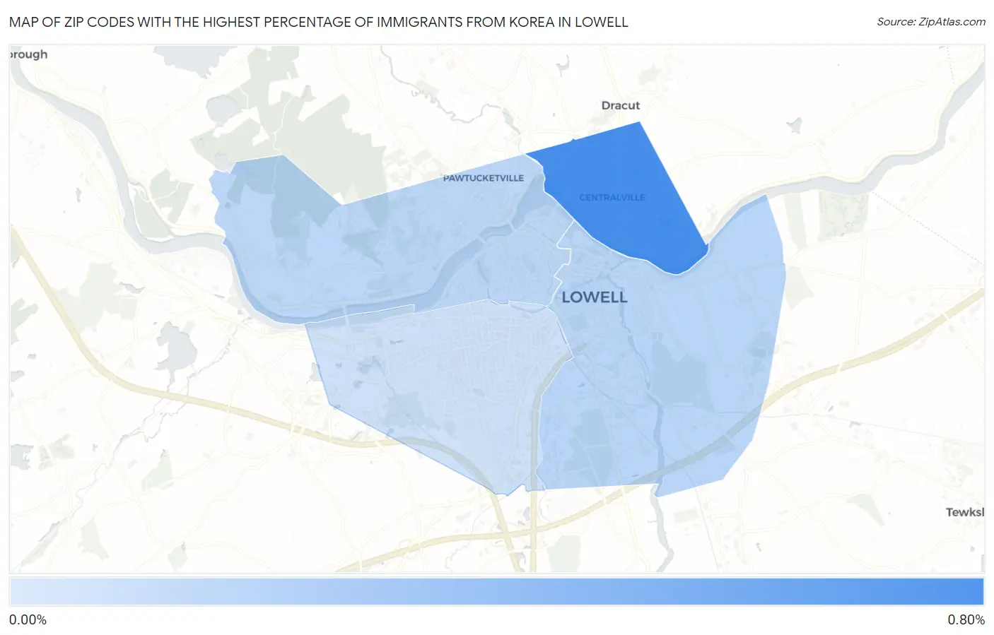 Zip Codes with the Highest Percentage of Immigrants from Korea in Lowell Map