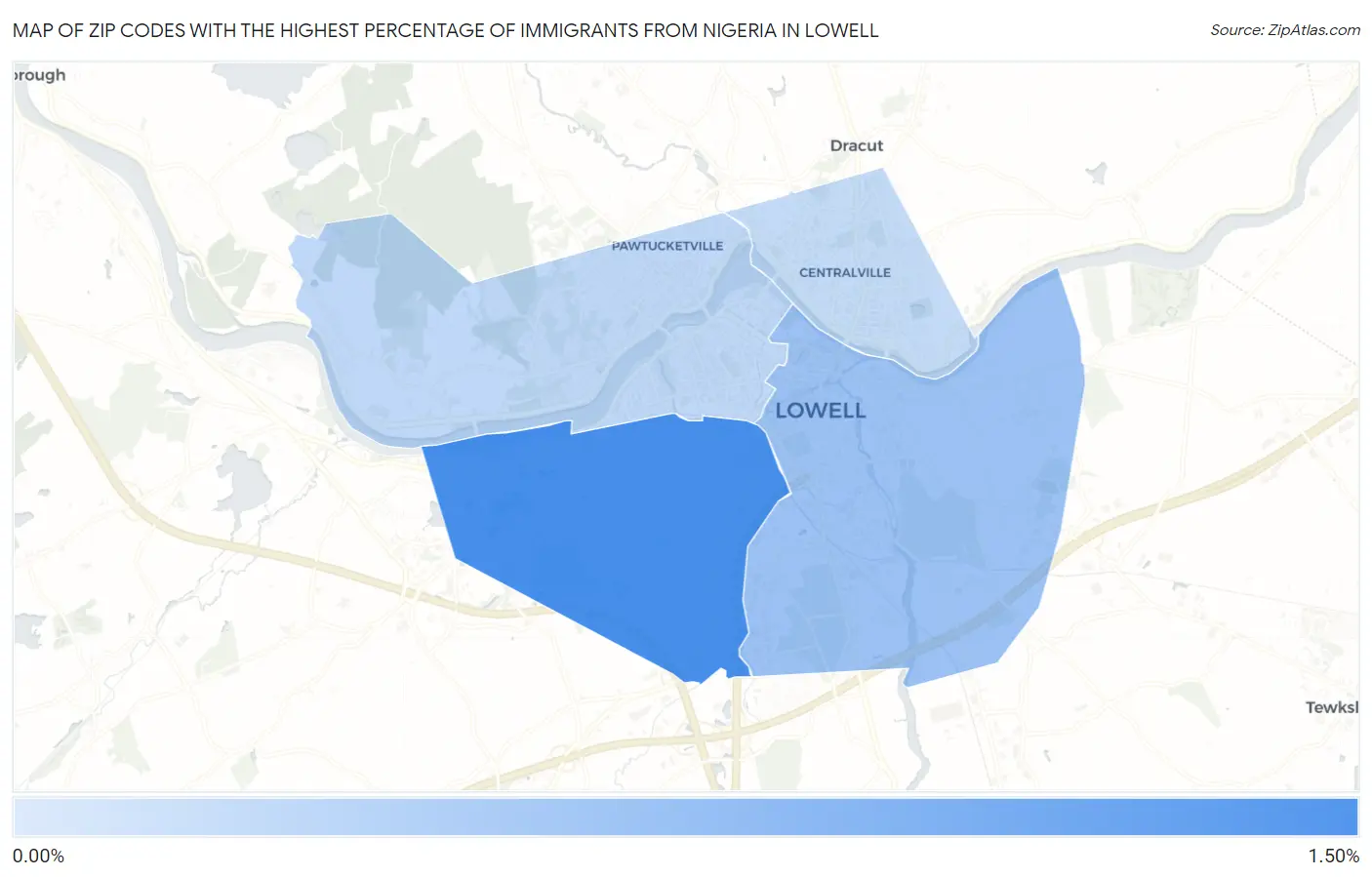 Zip Codes with the Highest Percentage of Immigrants from Nigeria in Lowell Map