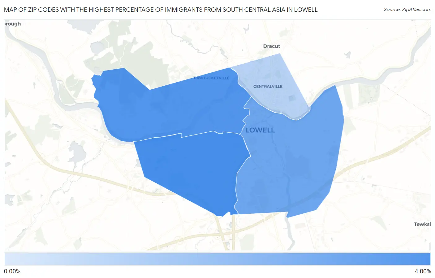 Zip Codes with the Highest Percentage of Immigrants from South Central Asia in Lowell Map