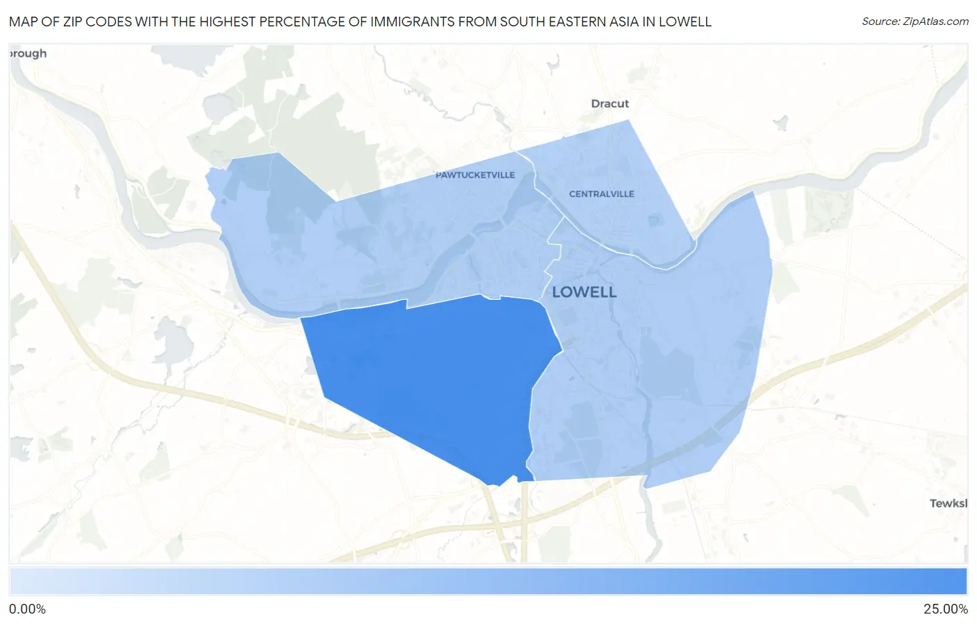 Zip Codes with the Highest Percentage of Immigrants from South Eastern Asia in Lowell Map