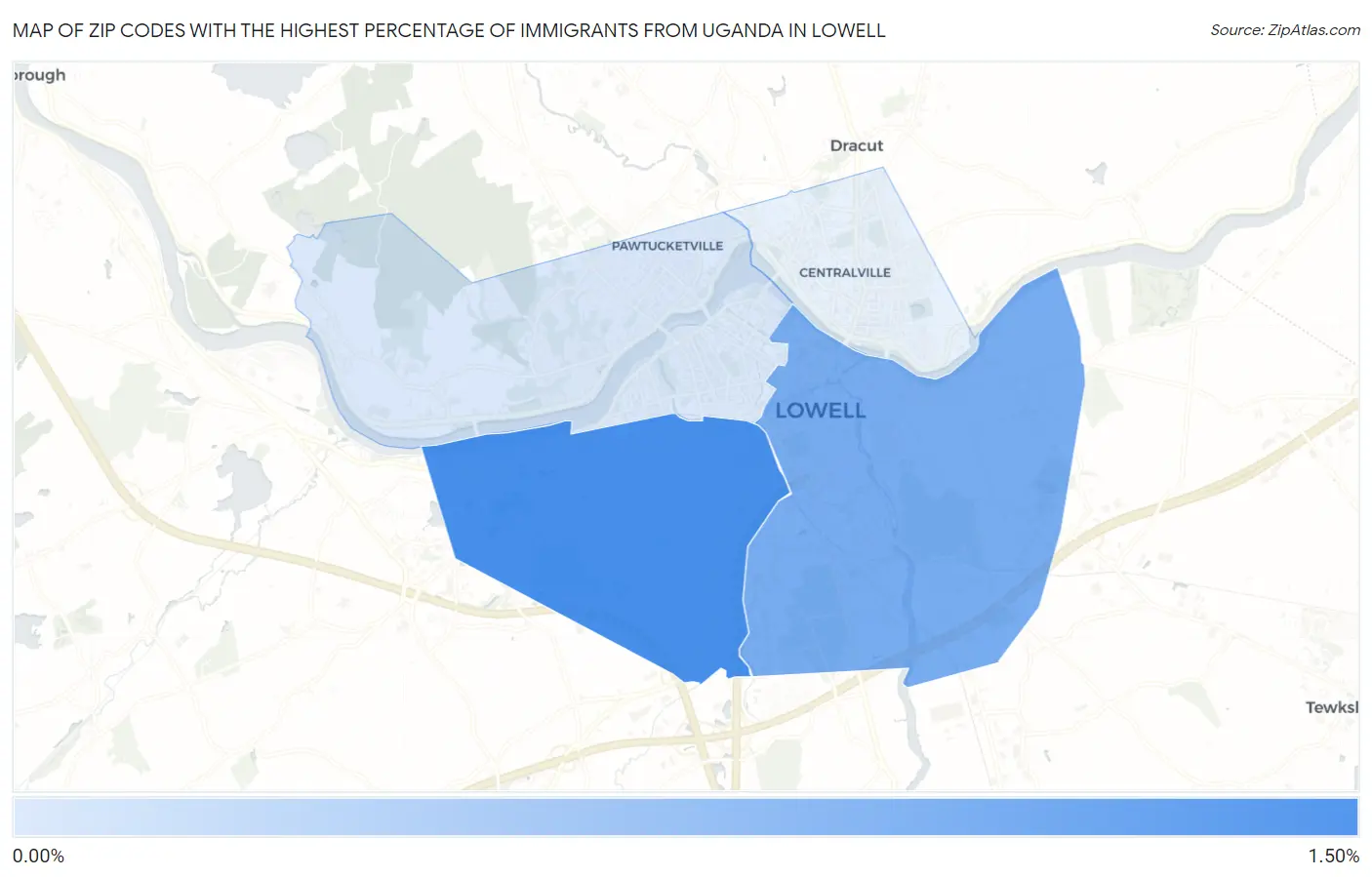 Zip Codes with the Highest Percentage of Immigrants from Uganda in Lowell Map