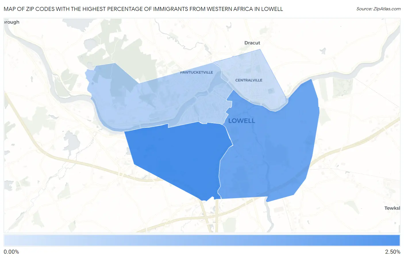 Zip Codes with the Highest Percentage of Immigrants from Western Africa in Lowell Map