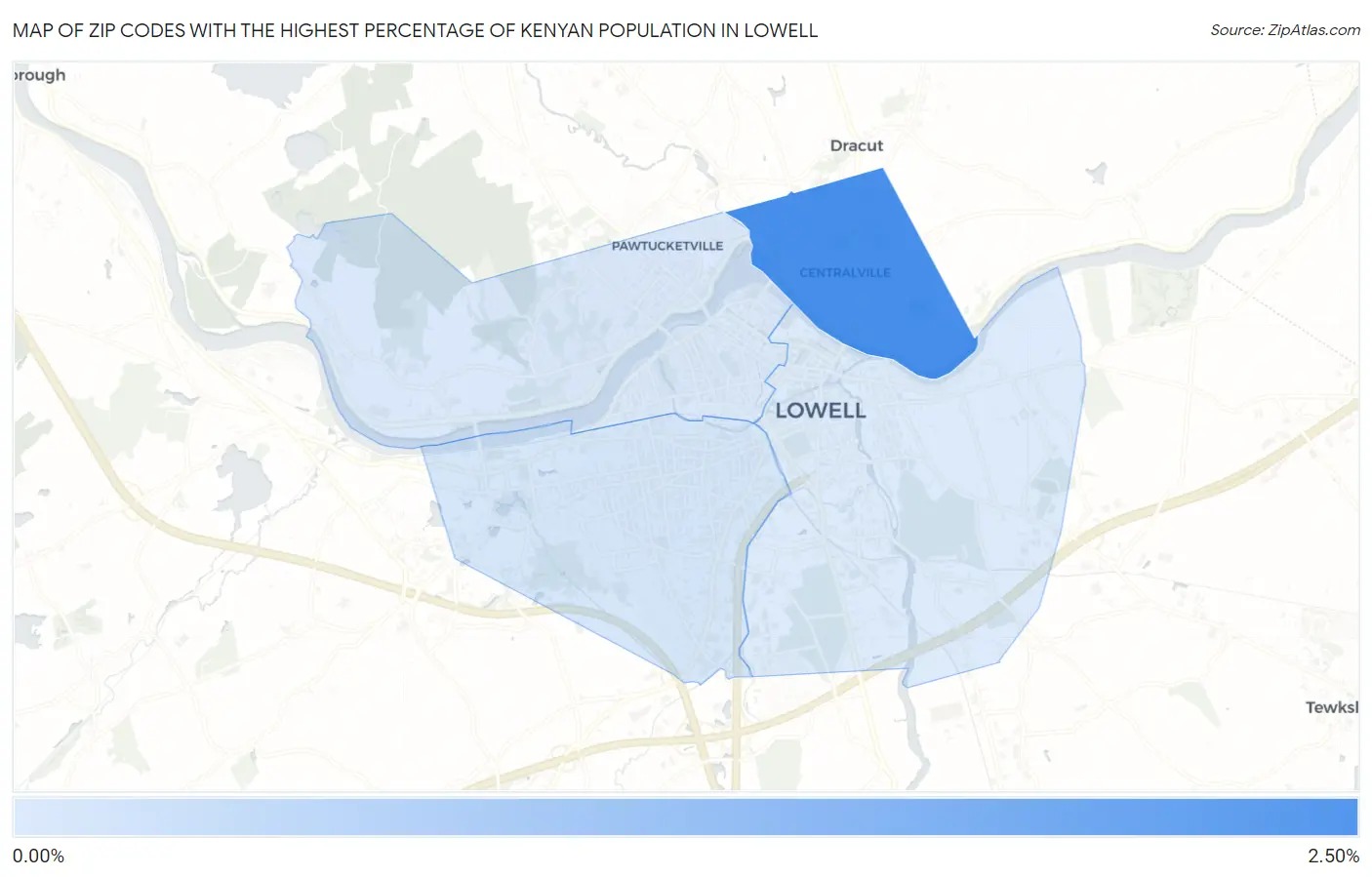 Zip Codes with the Highest Percentage of Kenyan Population in Lowell Map