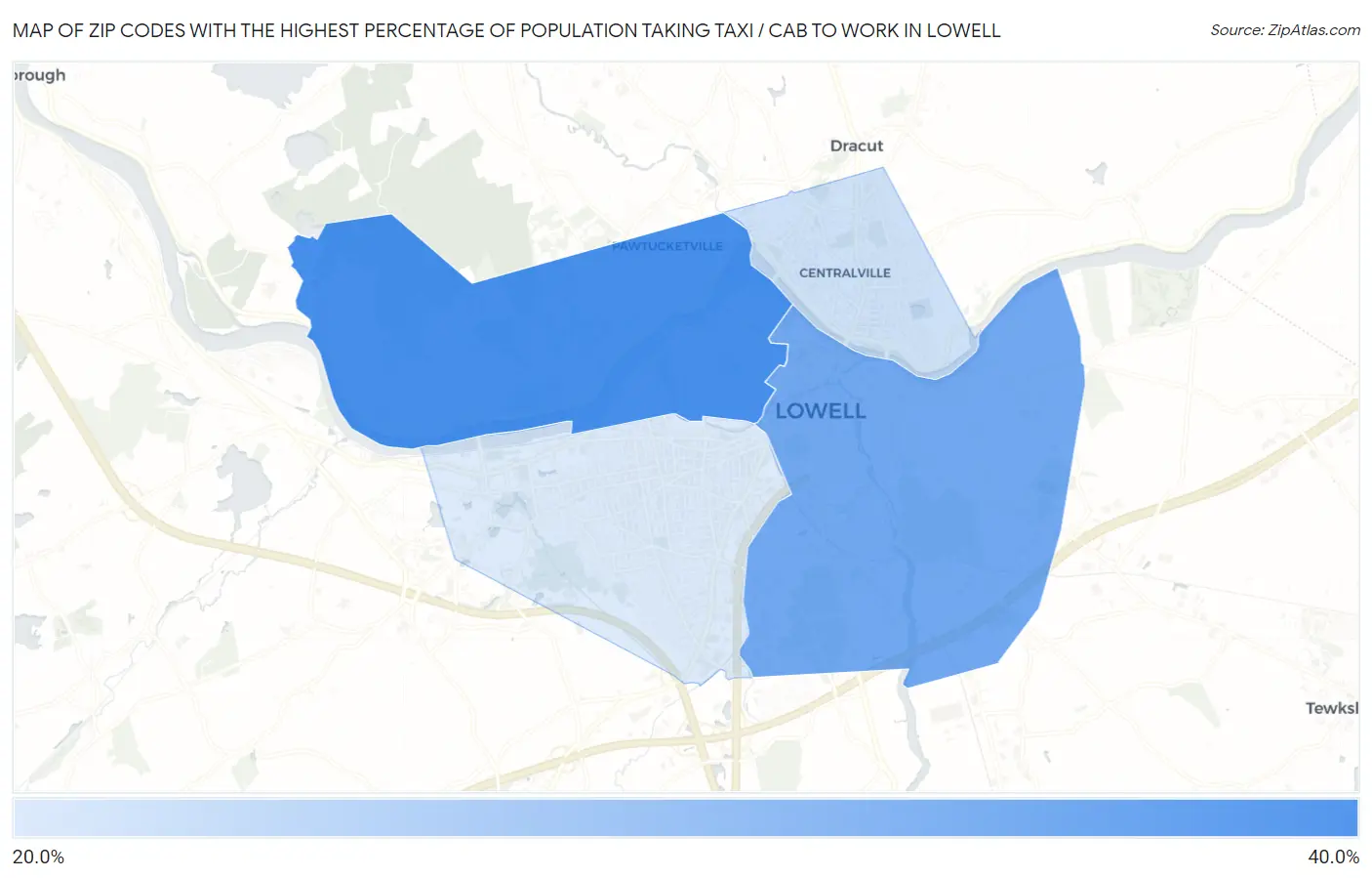 Zip Codes with the Highest Percentage of Population Taking Taxi / Cab to Work in Lowell Map