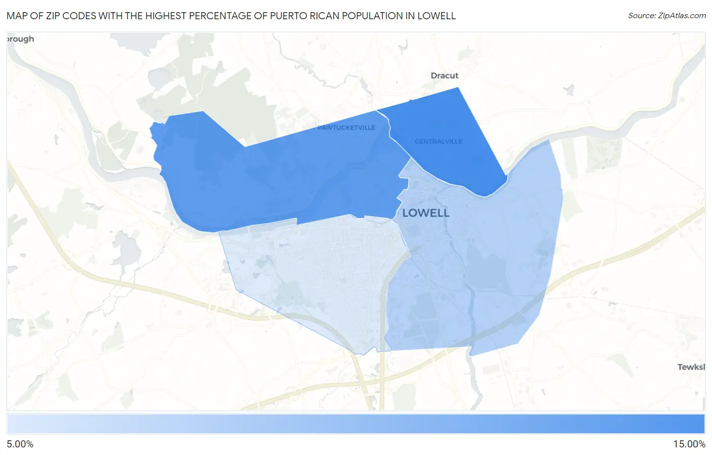 Zip Codes with the Highest Percentage of Puerto Rican Population in Lowell Map