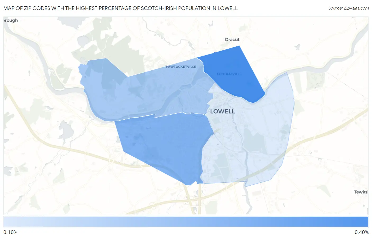 Zip Codes with the Highest Percentage of Scotch-Irish Population in Lowell Map