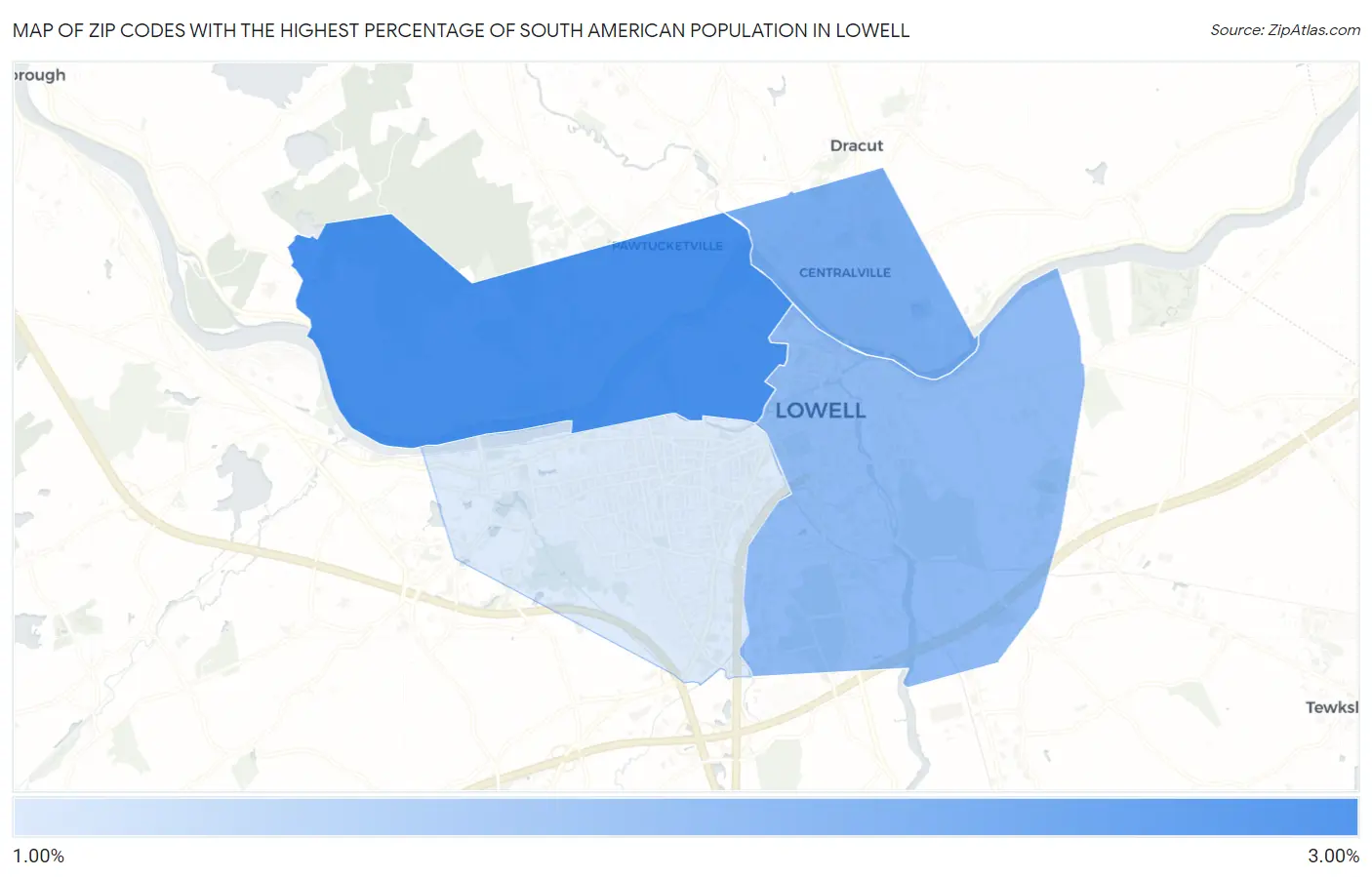 Zip Codes with the Highest Percentage of South American Population in Lowell Map