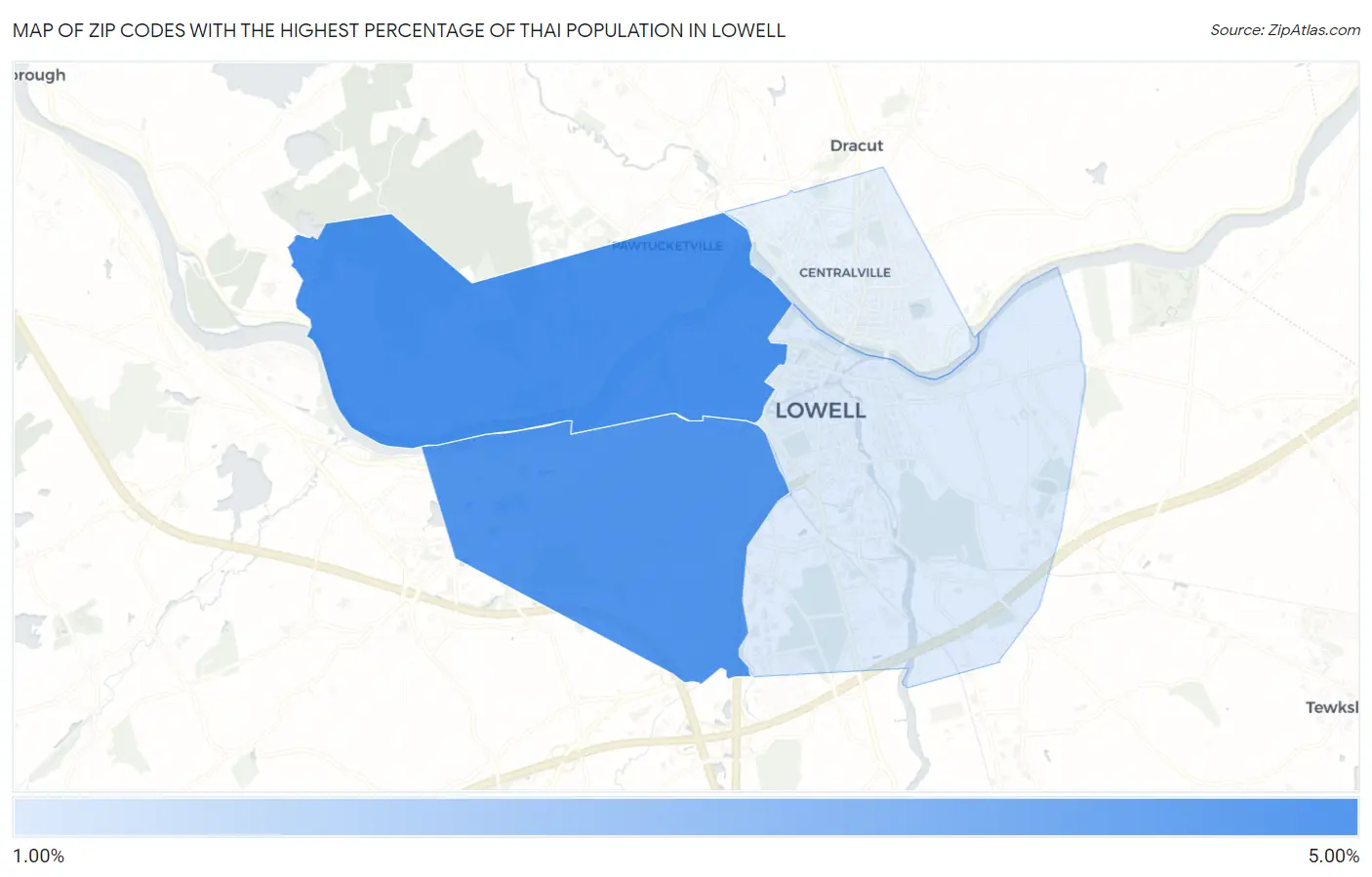 Zip Codes with the Highest Percentage of Thai Population in Lowell Map