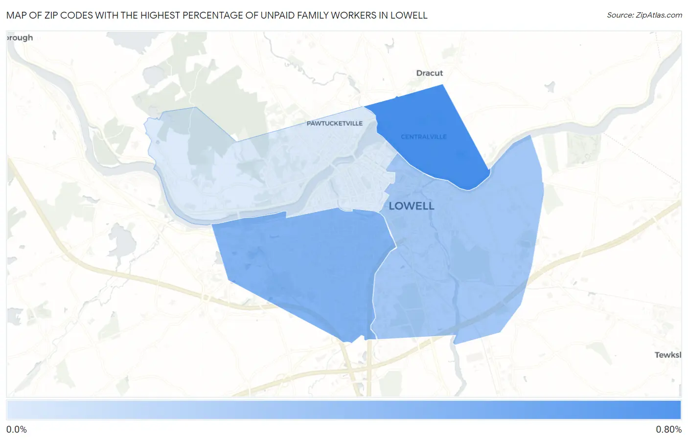 Zip Codes with the Highest Percentage of Unpaid Family Workers in Lowell Map