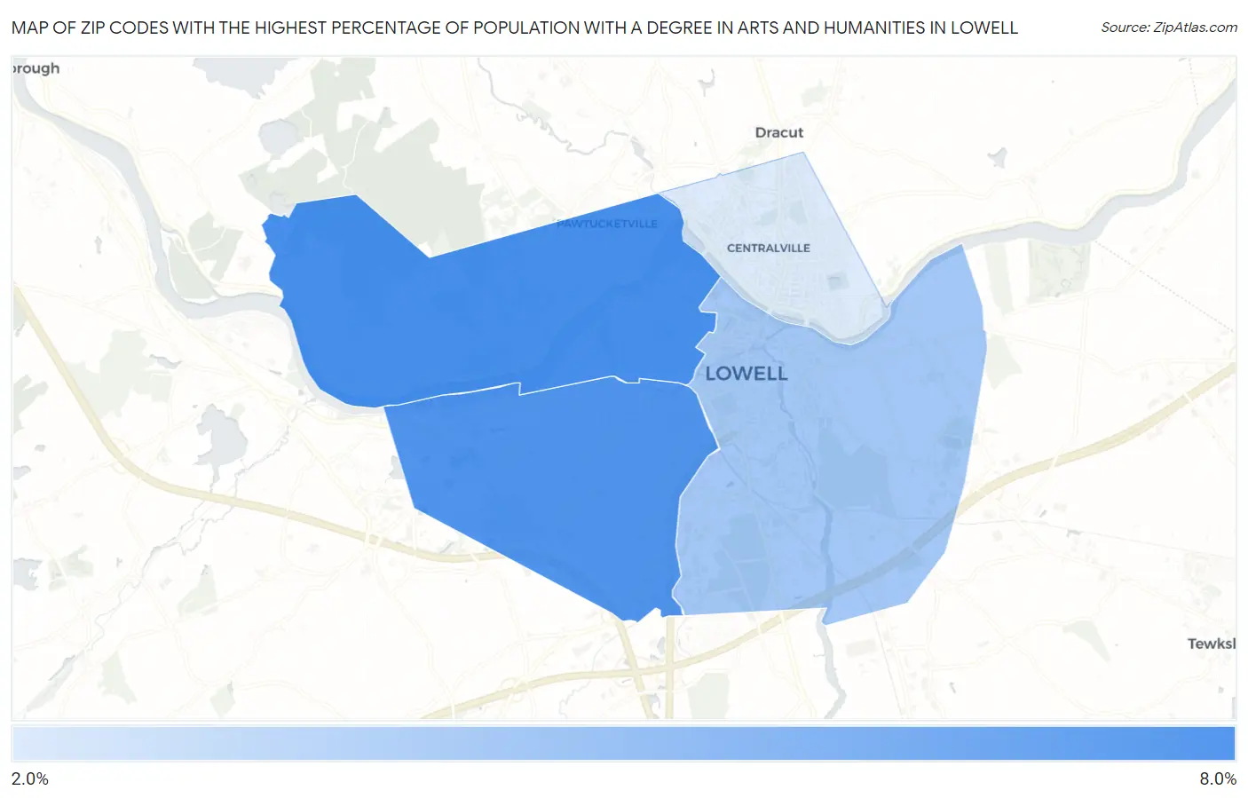 Zip Codes with the Highest Percentage of Population with a Degree in Arts and Humanities in Lowell Map