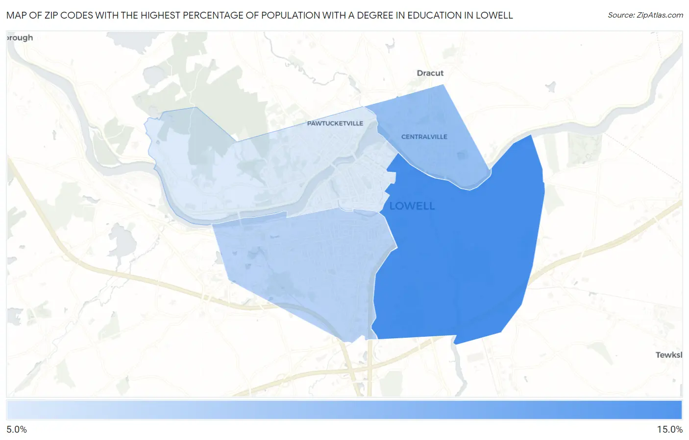 Zip Codes with the Highest Percentage of Population with a Degree in Education in Lowell Map
