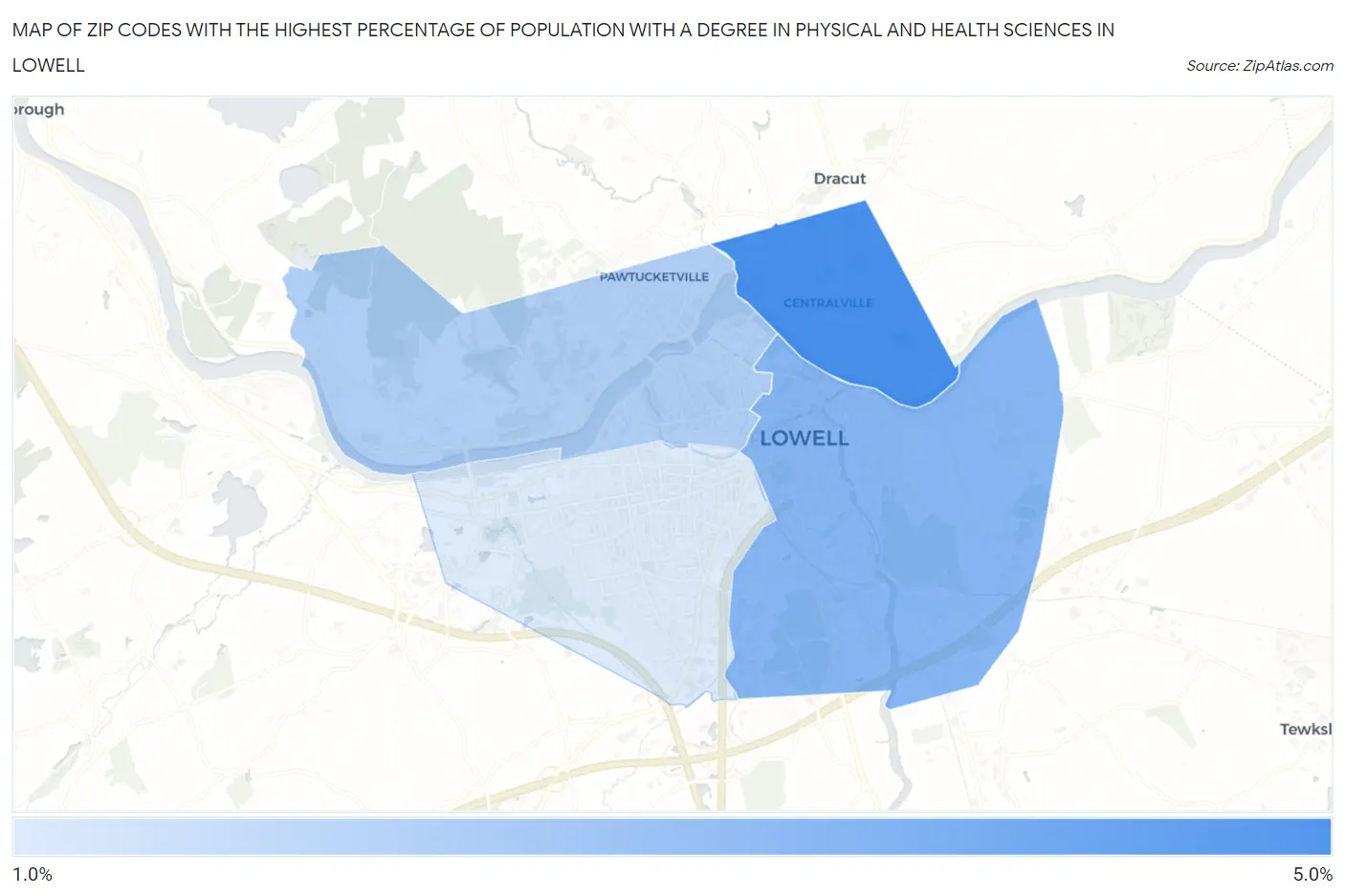 Zip Codes with the Highest Percentage of Population with a Degree in Physical and Health Sciences in Lowell Map