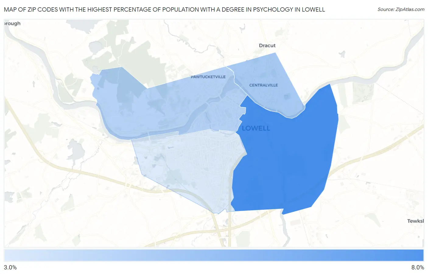 Zip Codes with the Highest Percentage of Population with a Degree in Psychology in Lowell Map