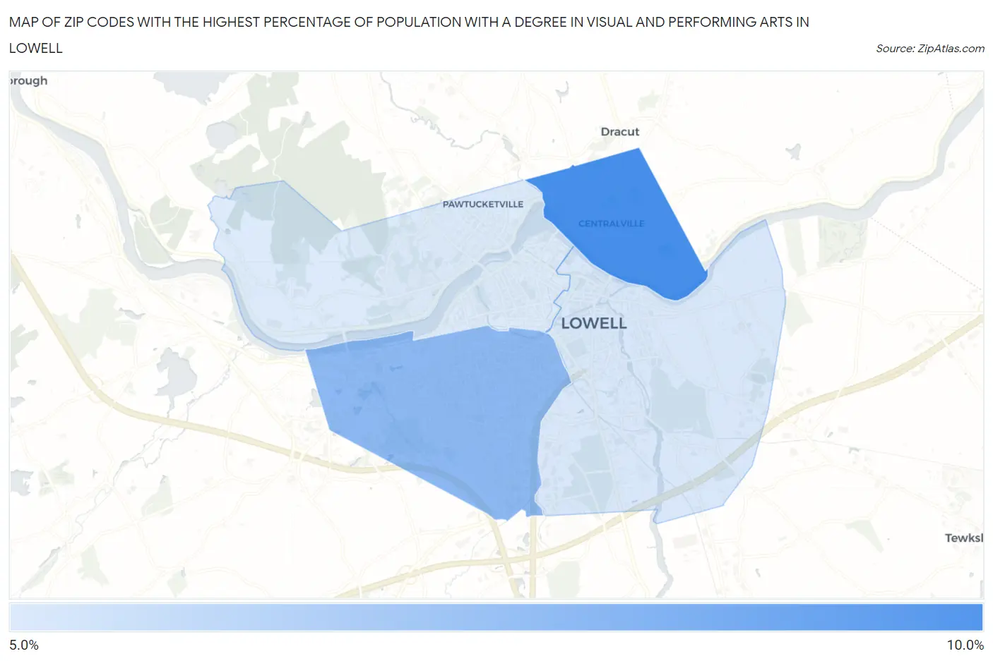 Zip Codes with the Highest Percentage of Population with a Degree in Visual and Performing Arts in Lowell Map