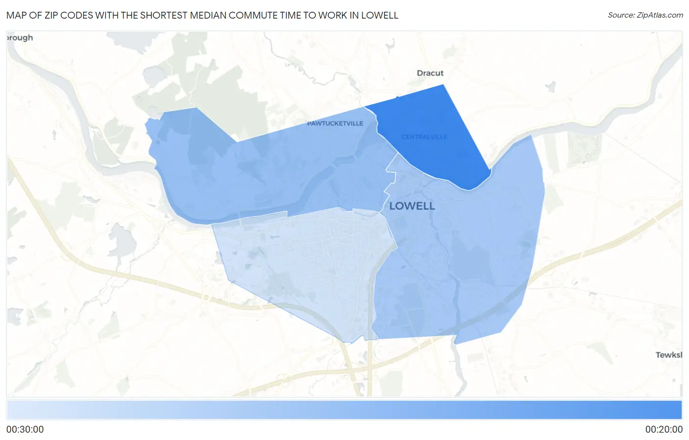 Zip Codes with the Shortest Median Commute Time to Work in Lowell Map