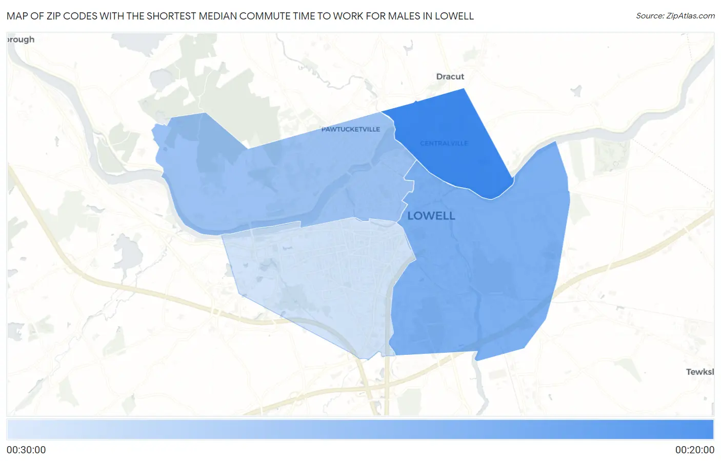 Zip Codes with the Shortest Median Commute Time to Work for Males in Lowell Map