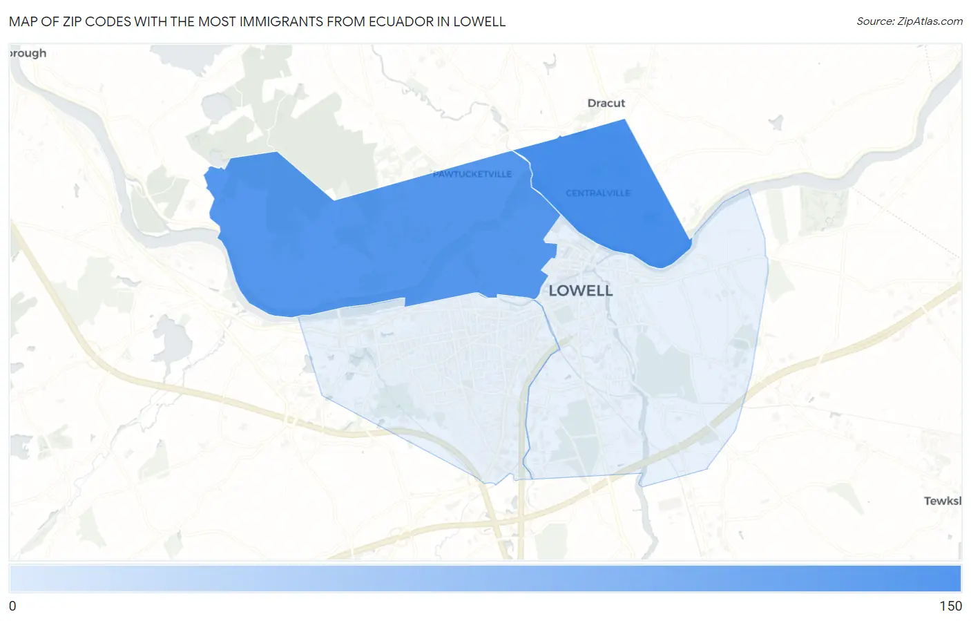 Zip Codes with the Most Immigrants from Ecuador in Lowell Map