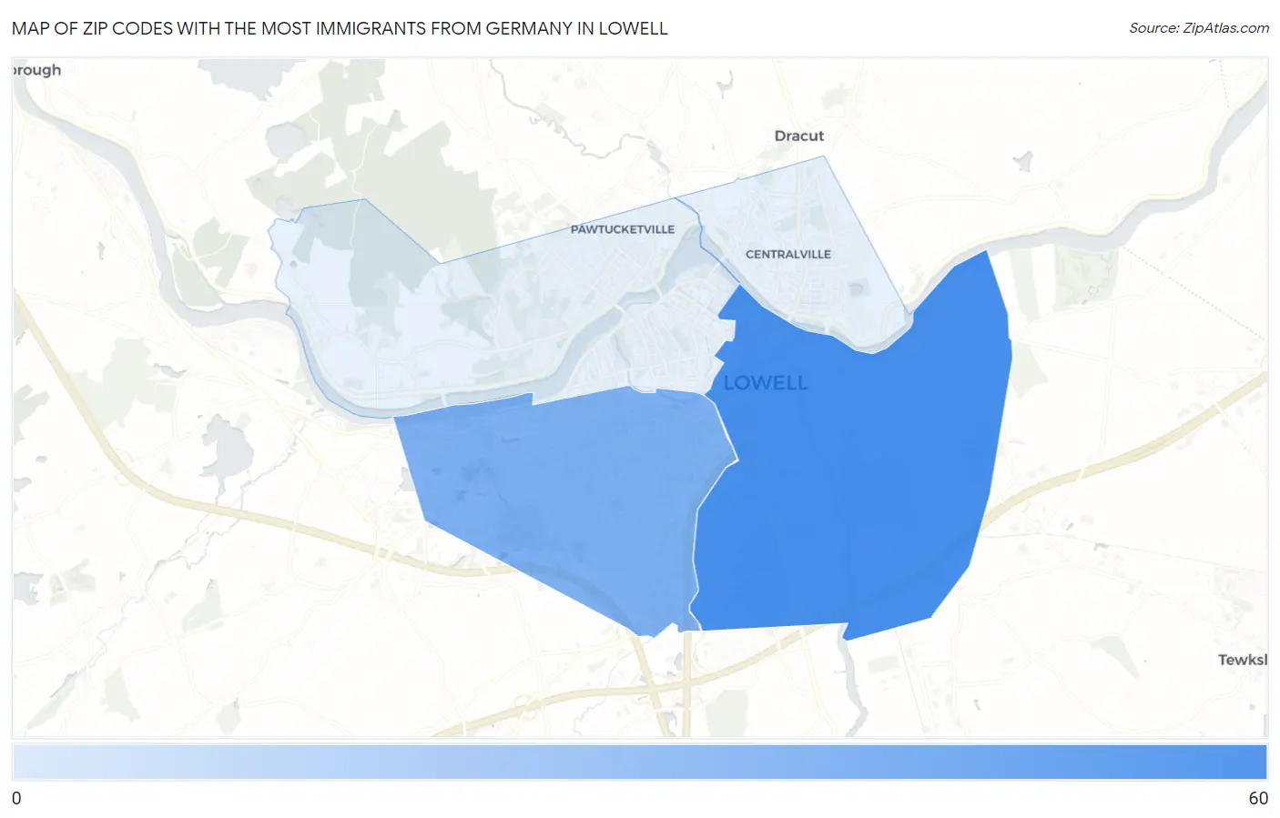 Zip Codes with the Most Immigrants from Germany in Lowell Map