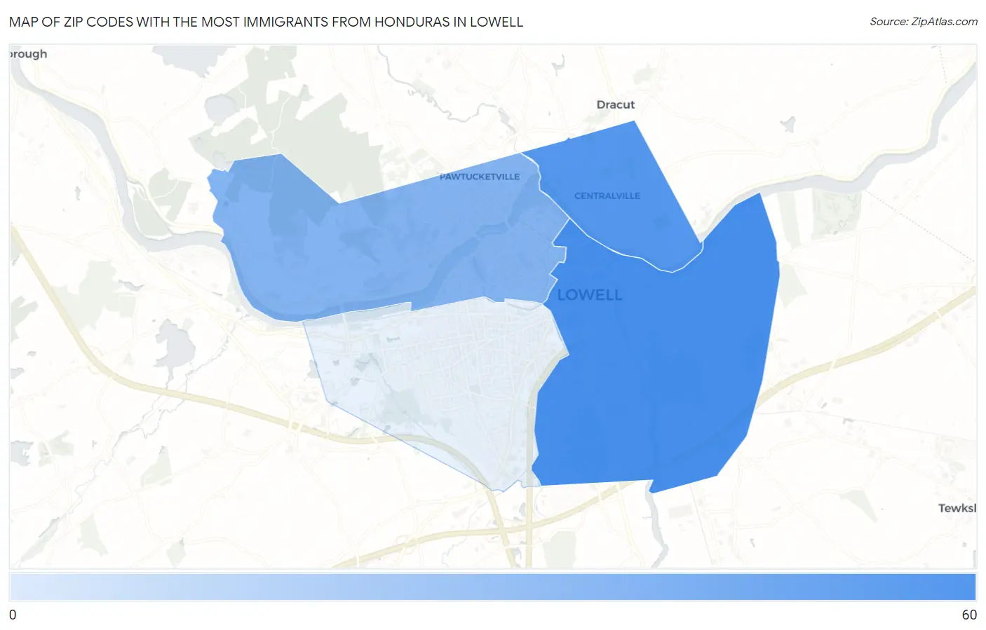 Zip Codes with the Most Immigrants from Honduras in Lowell Map