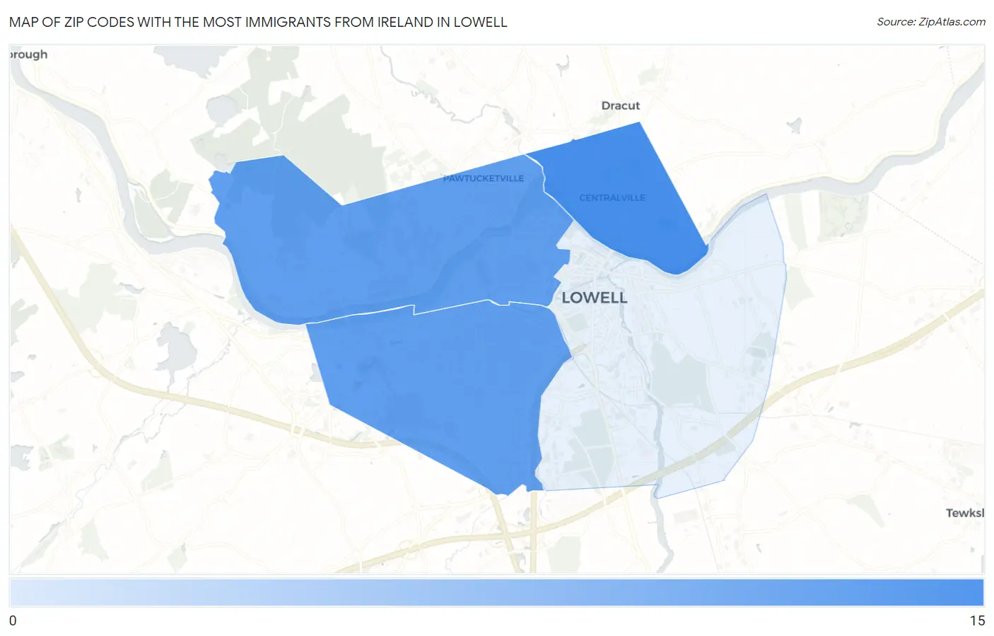 Zip Codes with the Most Immigrants from Ireland in Lowell Map