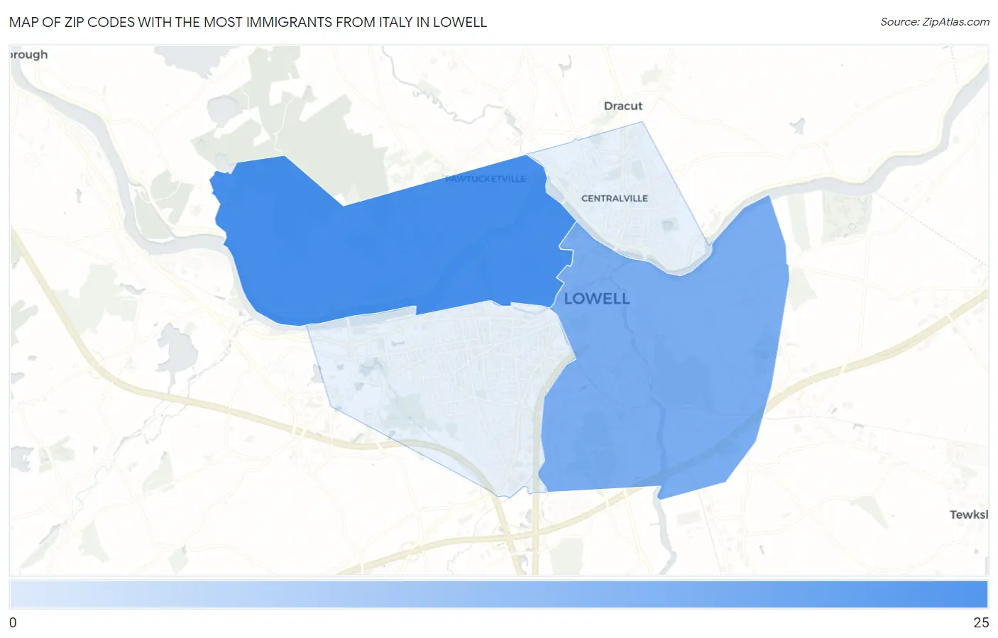 Zip Codes with the Most Immigrants from Italy in Lowell Map