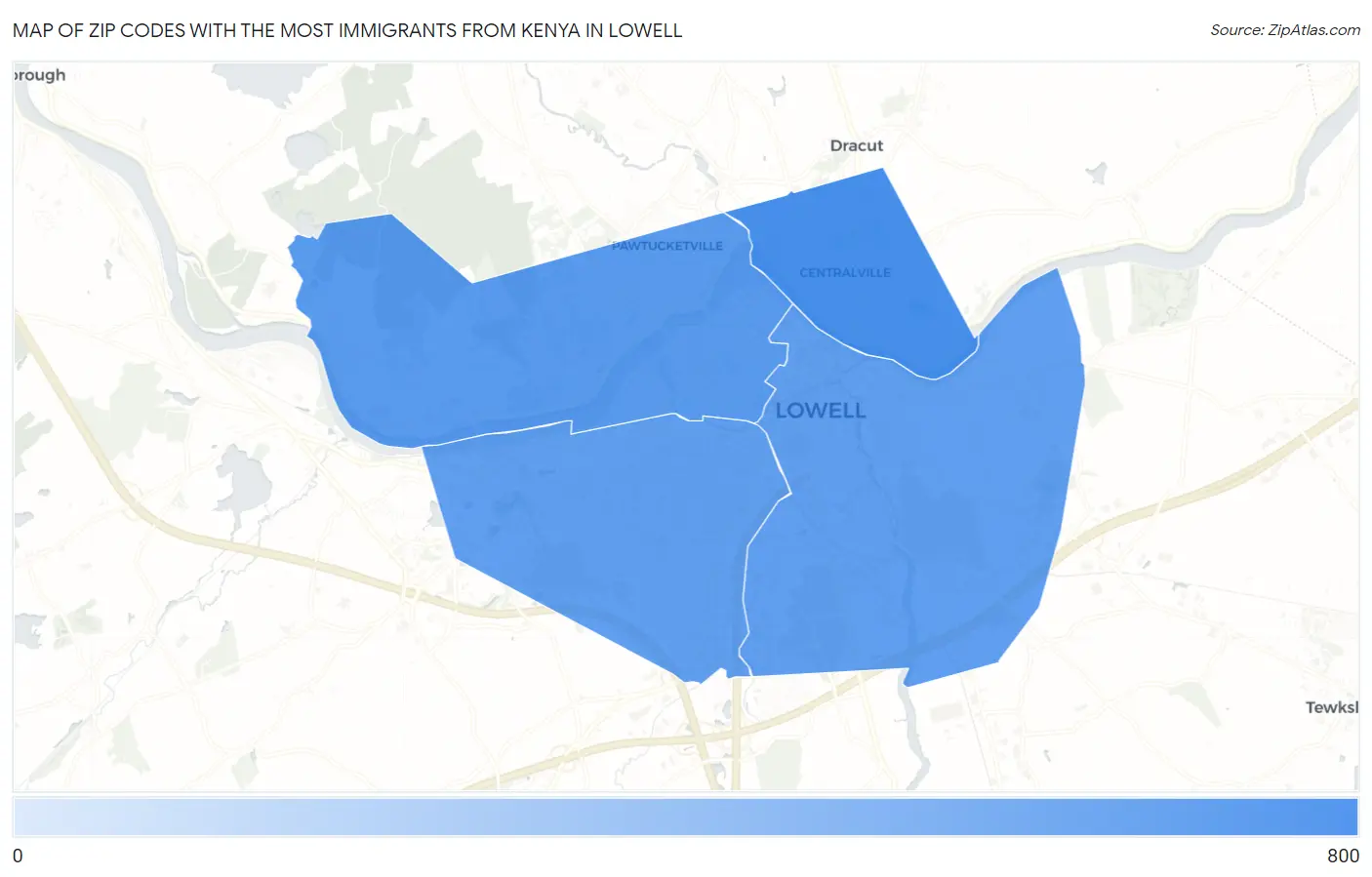 Zip Codes with the Most Immigrants from Kenya in Lowell Map