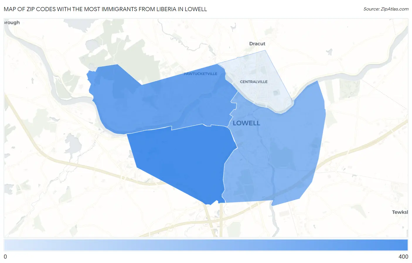 Zip Codes with the Most Immigrants from Liberia in Lowell Map