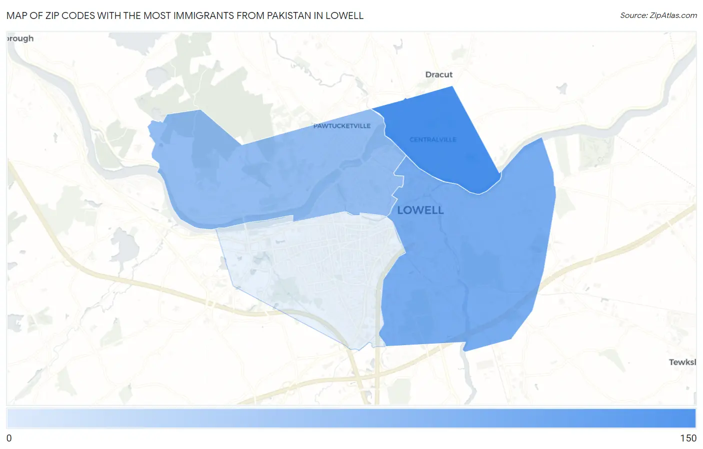 Zip Codes with the Most Immigrants from Pakistan in Lowell Map