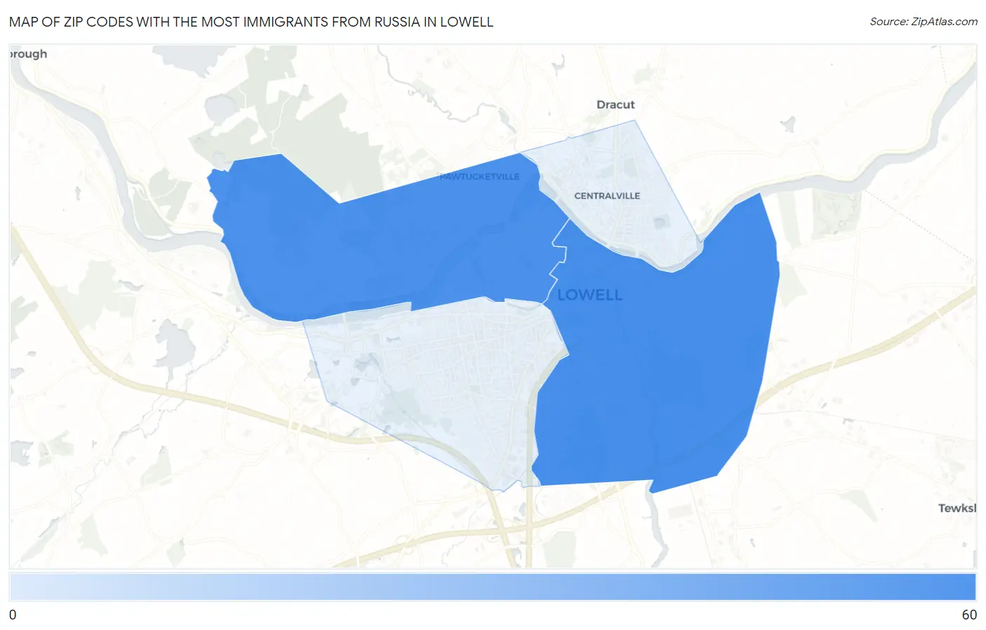Zip Codes with the Most Immigrants from Russia in Lowell Map