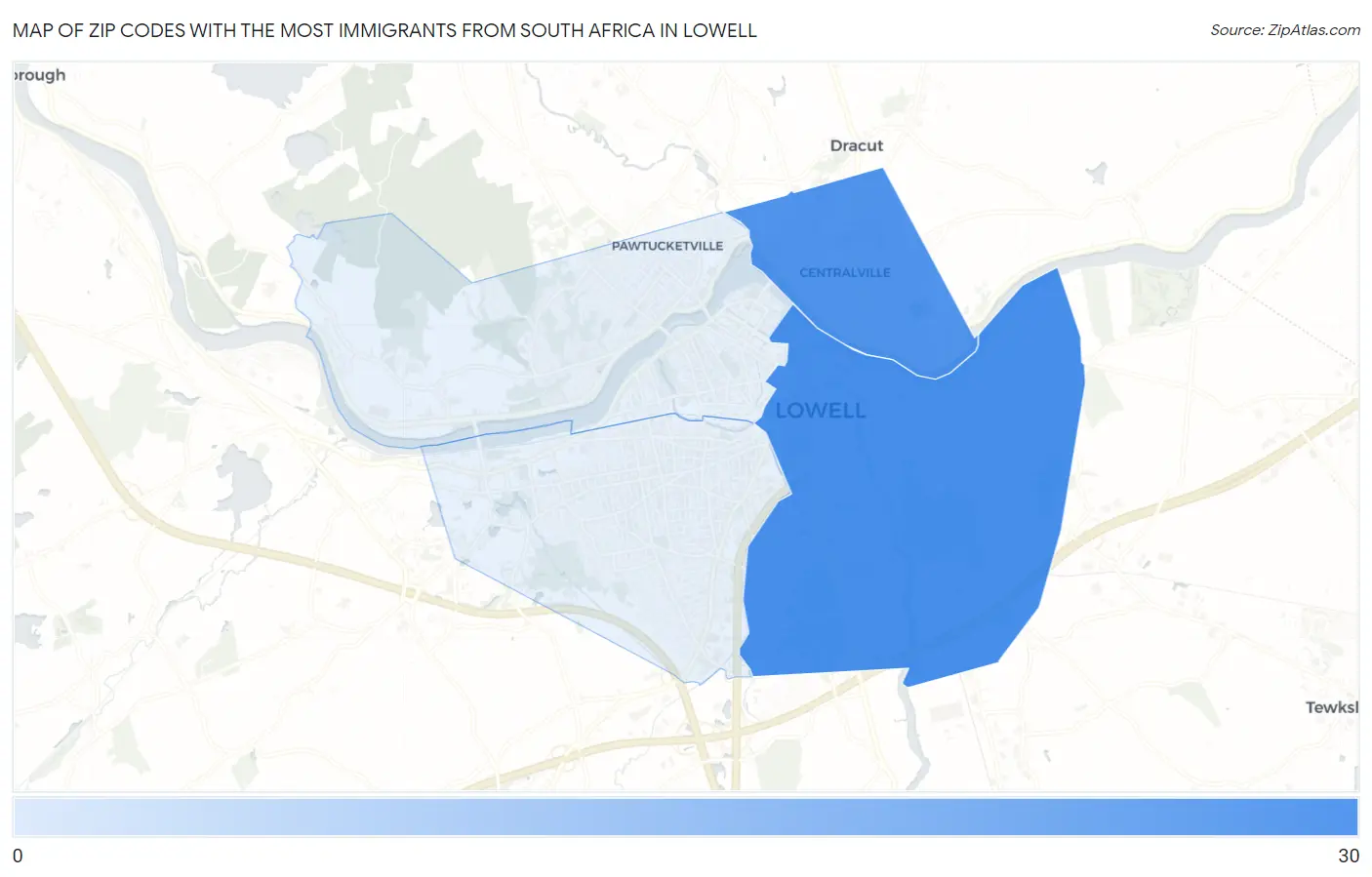Zip Codes with the Most Immigrants from South Africa in Lowell Map