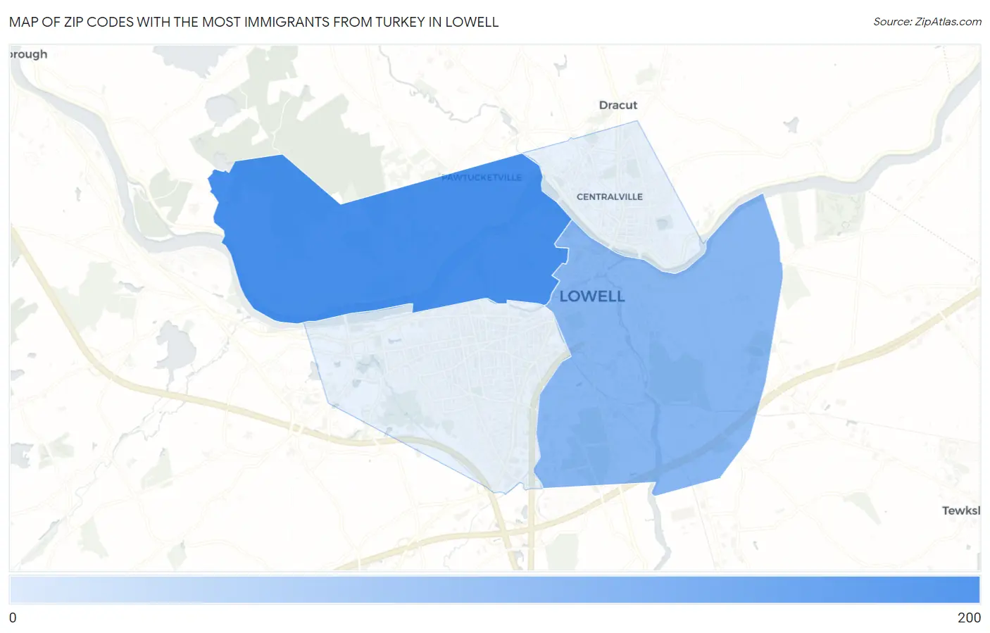 Zip Codes with the Most Immigrants from Turkey in Lowell Map