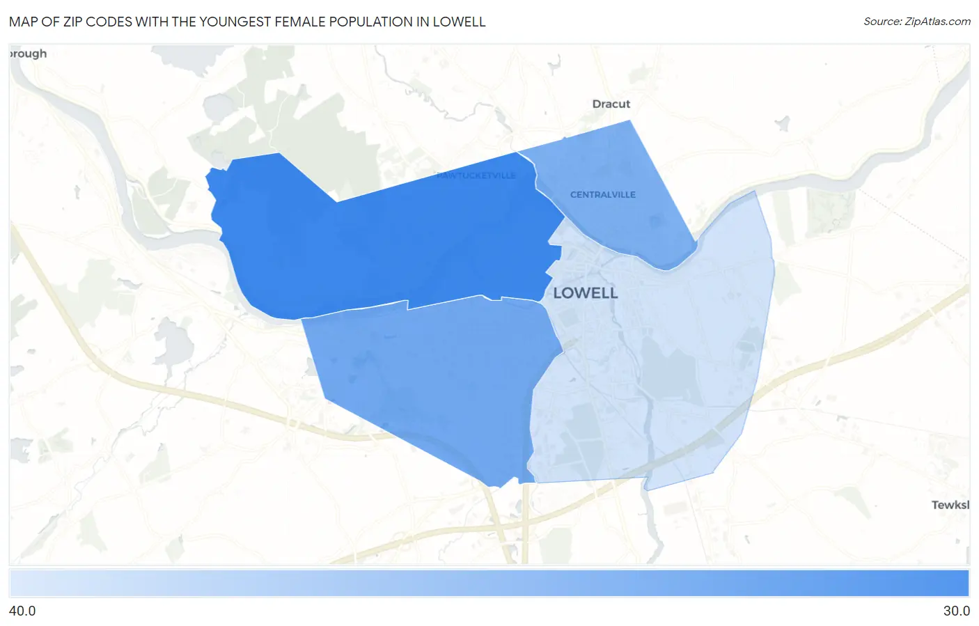 Zip Codes with the Youngest Female Population in Lowell Map