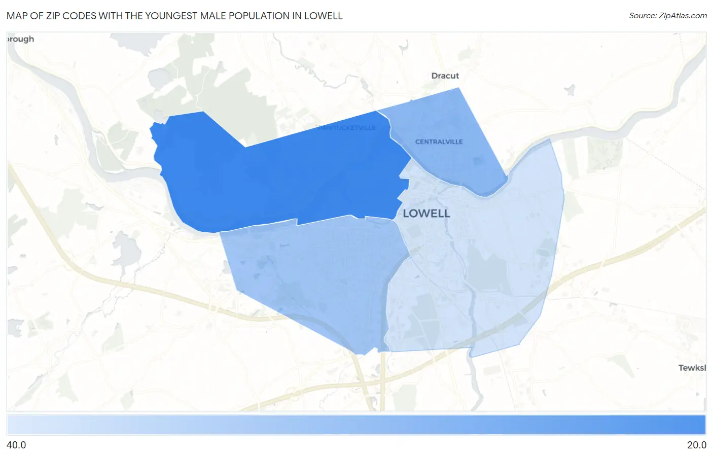 Zip Codes with the Youngest Male Population in Lowell Map