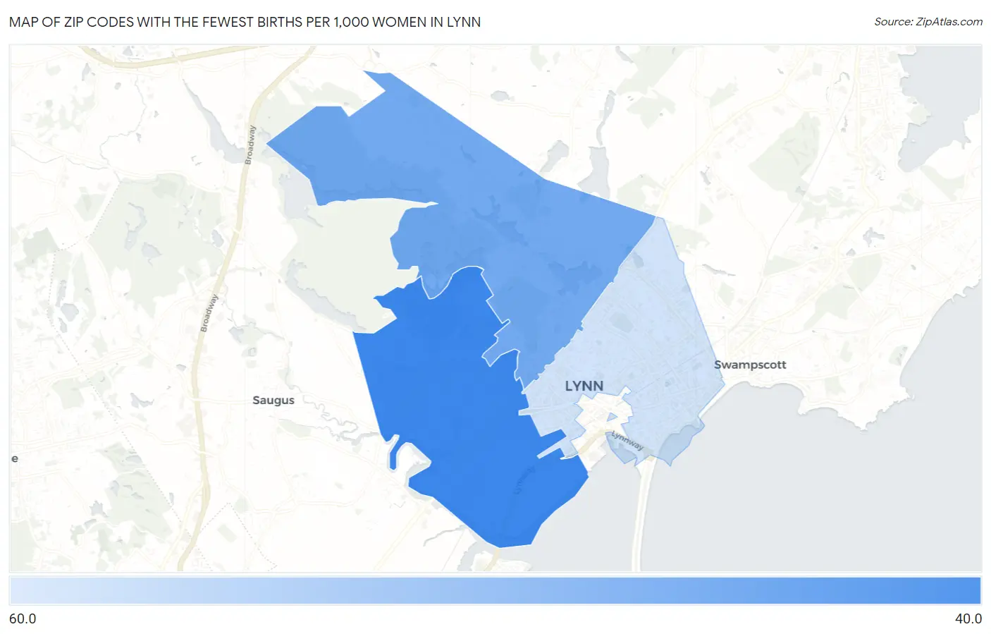 Zip Codes with the Fewest Births per 1,000 Women in Lynn Map