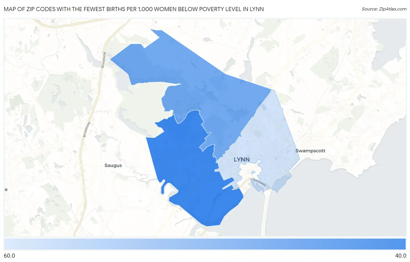 Zip Codes with the Fewest Births per 1,000 Women Below Poverty Level in Lynn Map