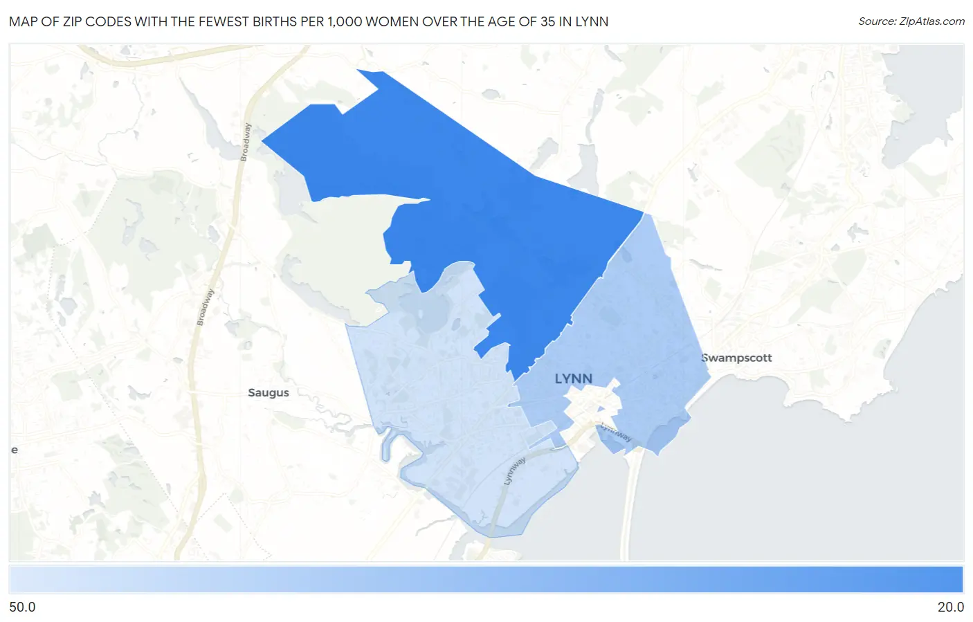 Zip Codes with the Fewest Births per 1,000 Women Over the Age of 35 in Lynn Map