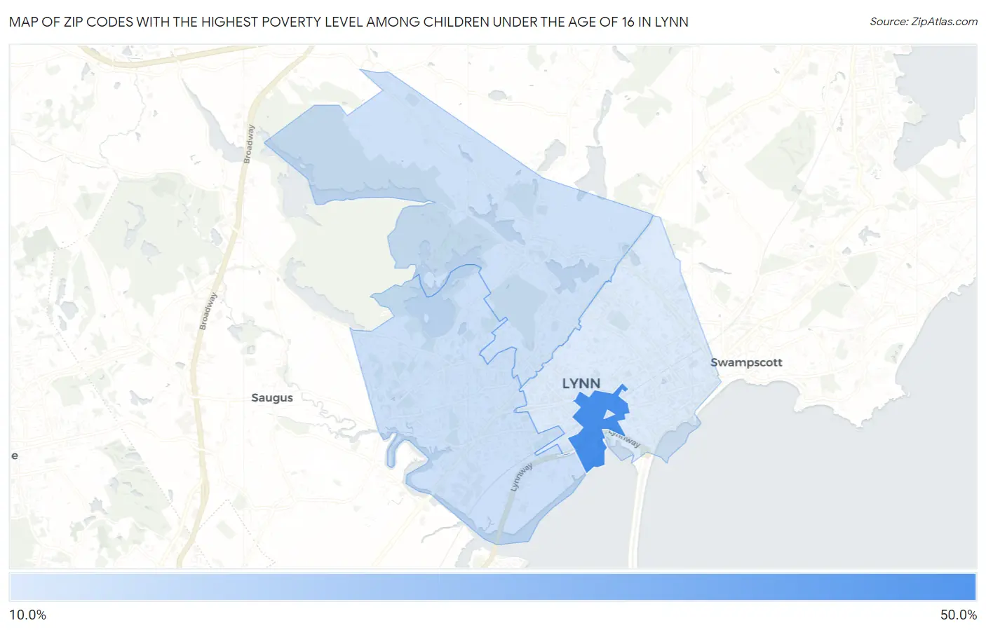 Zip Codes with the Highest Poverty Level Among Children Under the Age of 16 in Lynn Map