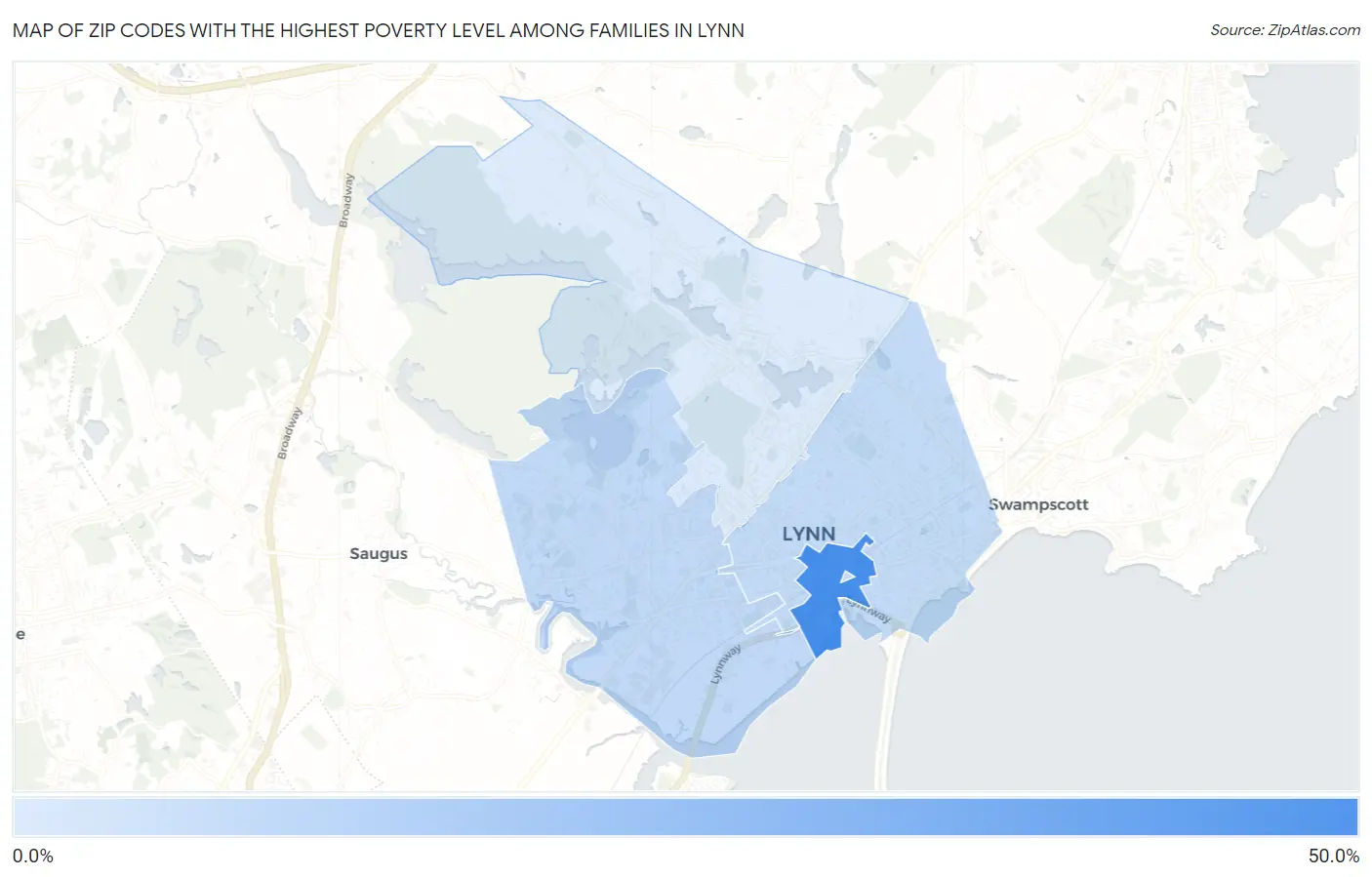 Zip Codes with the Highest Poverty Level Among Families in Lynn Map