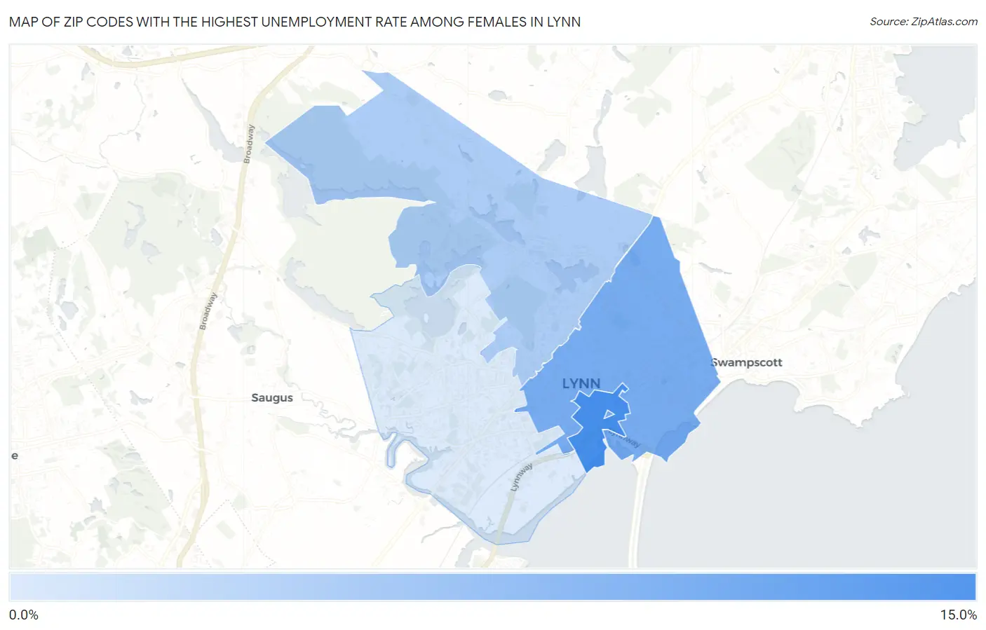 Zip Codes with the Highest Unemployment Rate Among Females in Lynn Map