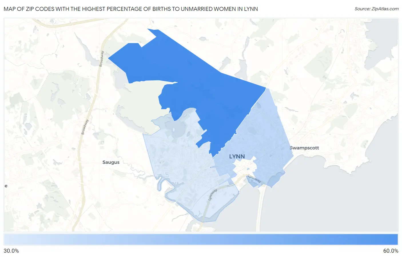 Zip Codes with the Highest Percentage of Births to Unmarried Women in Lynn Map
