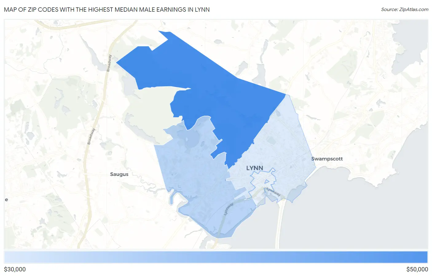 Zip Codes with the Highest Median Male Earnings in Lynn Map