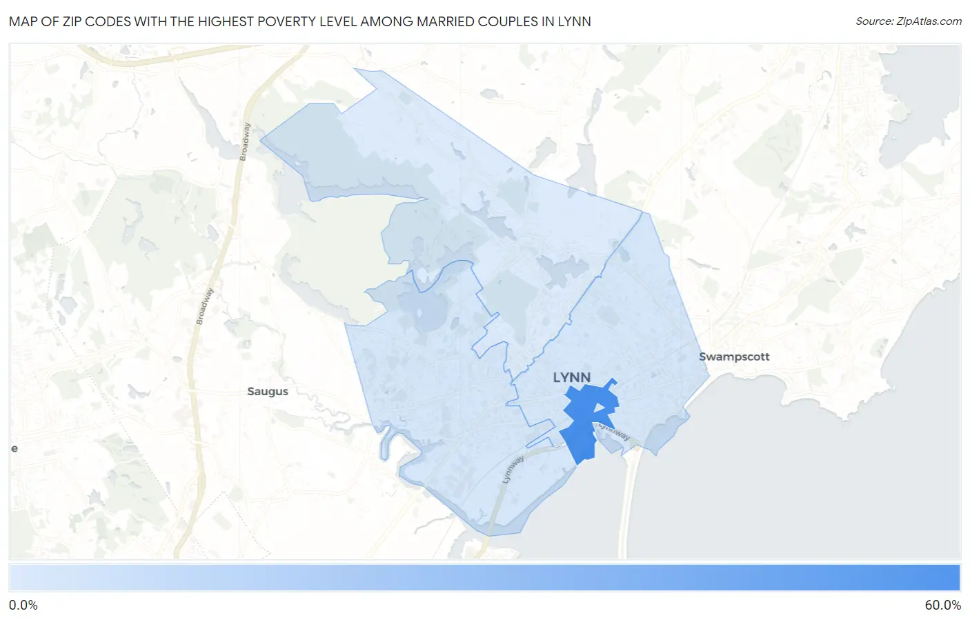 Zip Codes with the Highest Poverty Level Among Married Couples in Lynn Map
