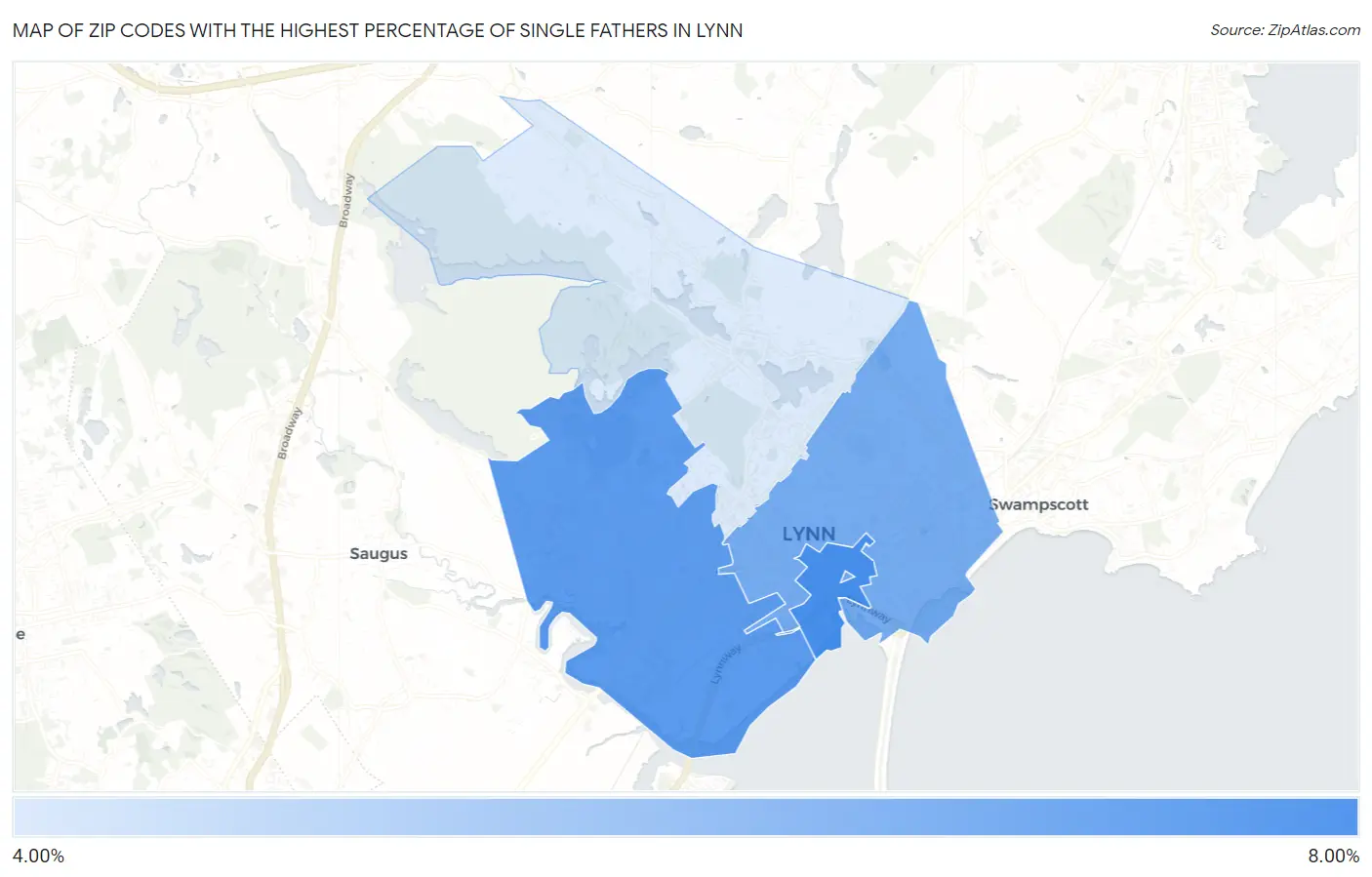 Zip Codes with the Highest Percentage of Single Fathers in Lynn Map