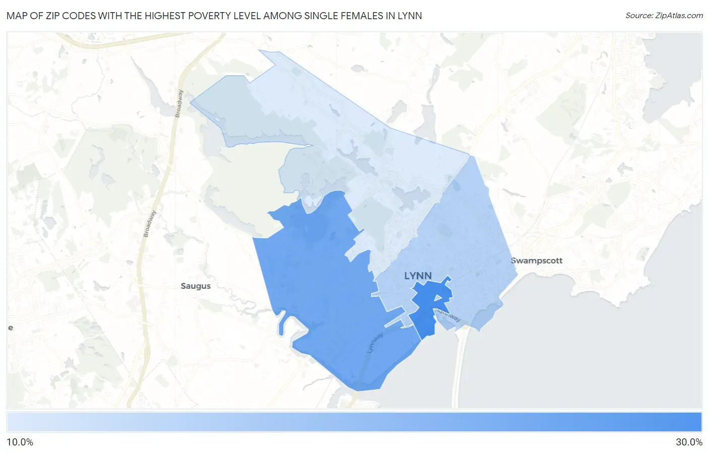 Zip Codes with the Highest Poverty Level Among Single Females in Lynn Map