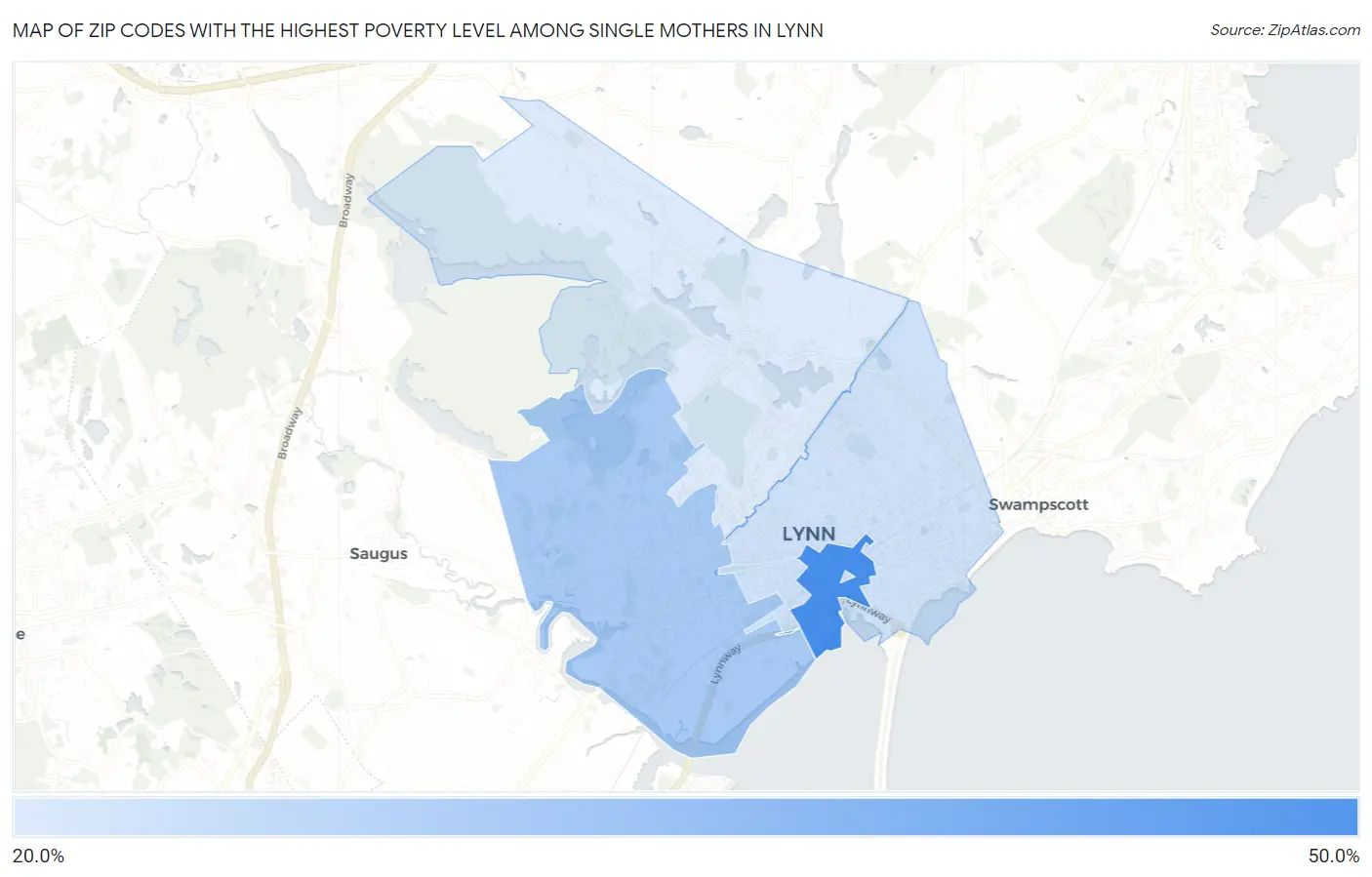 Zip Codes with the Highest Poverty Level Among Single Mothers in Lynn Map