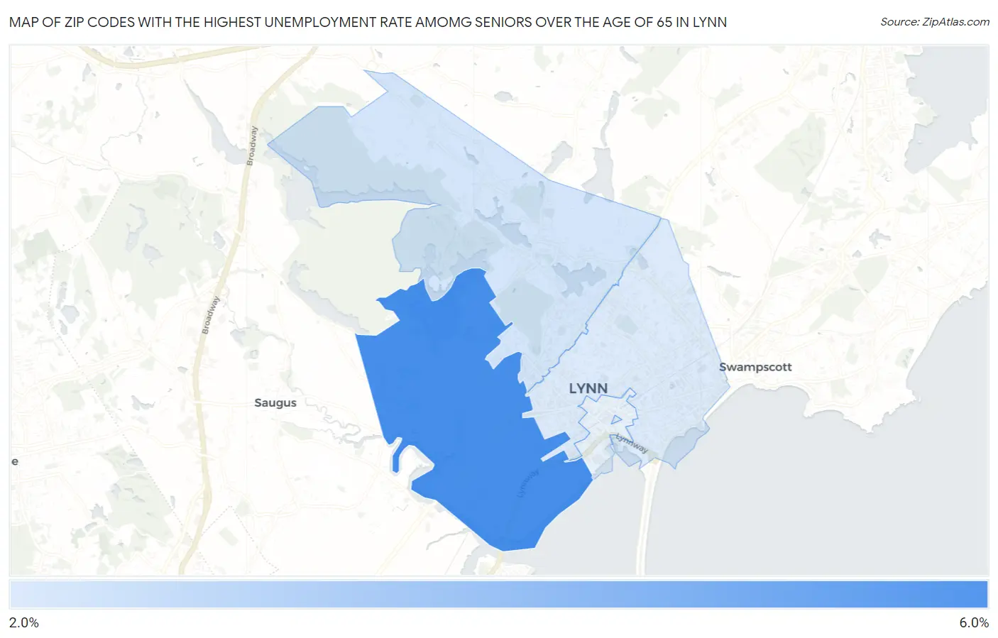 Zip Codes with the Highest Unemployment Rate Amomg Seniors Over the Age of 65 in Lynn Map