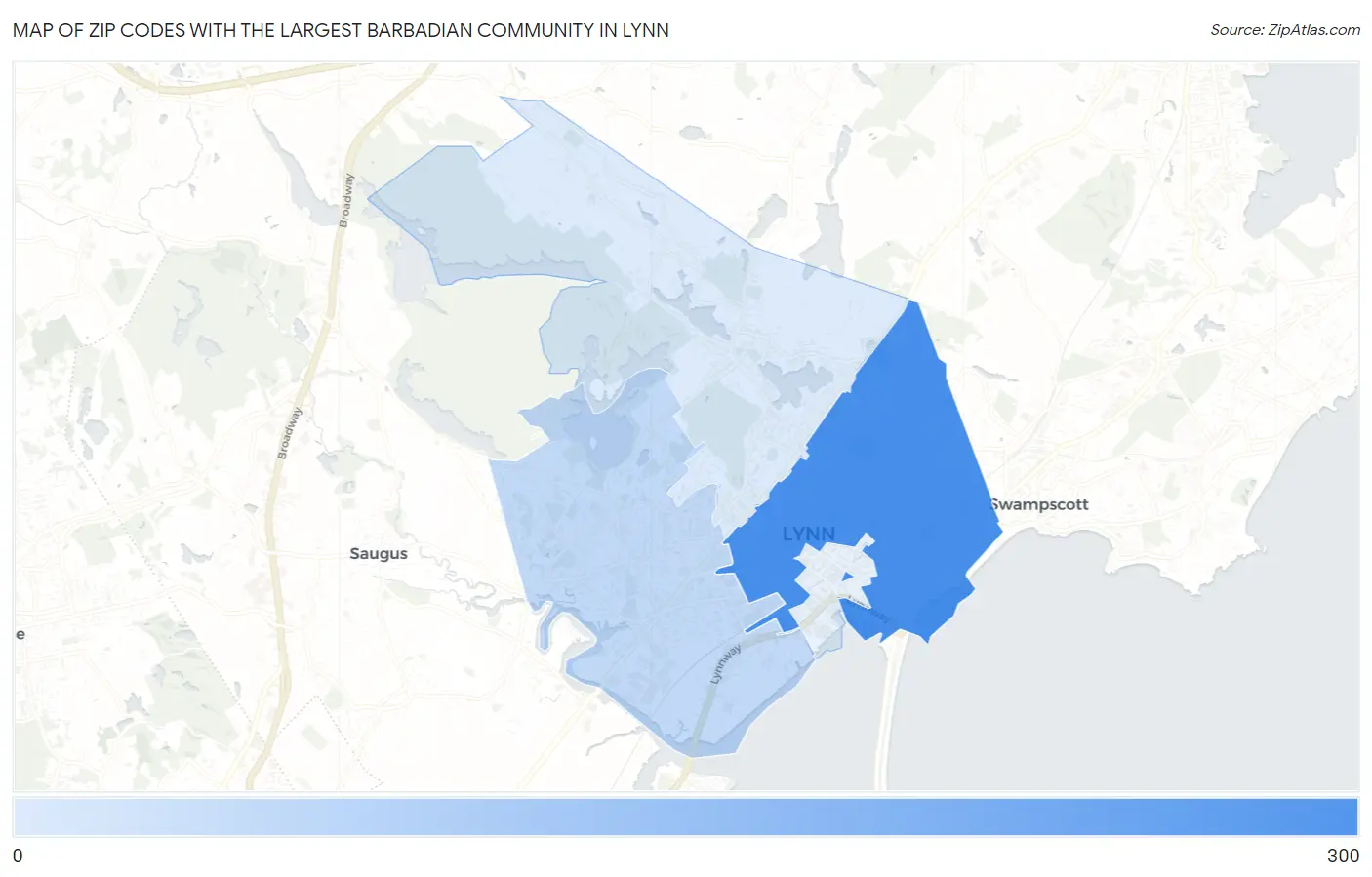 Zip Codes with the Largest Barbadian Community in Lynn Map