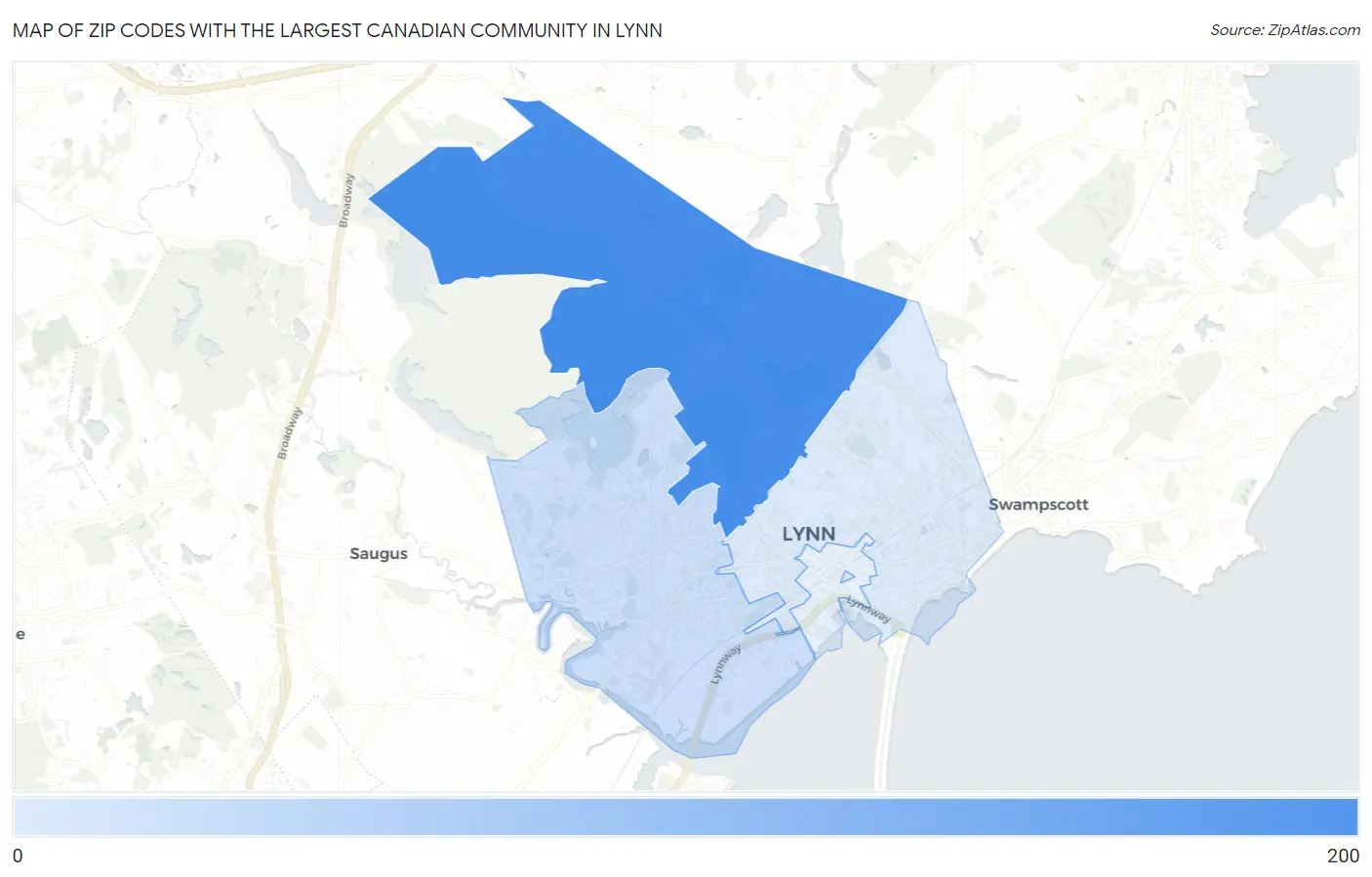 Zip Codes with the Largest Canadian Community in Lynn Map